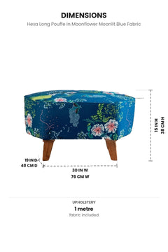 Upholstered Bundle Hexa Long Pouffe in Moonflower Moonlit Blue Fabric
