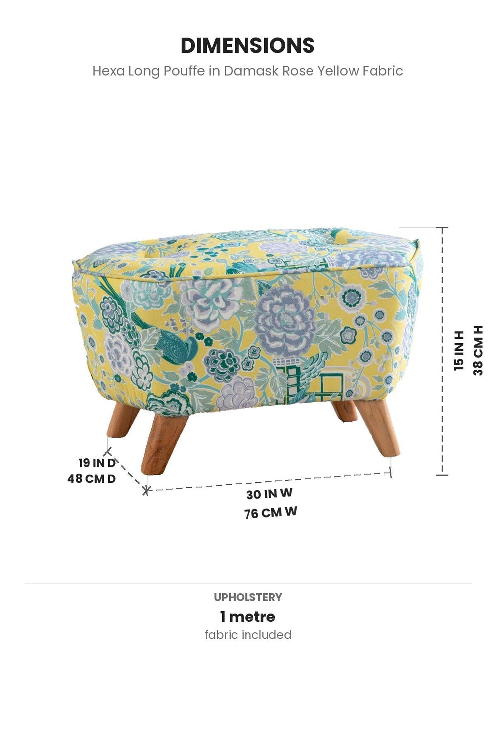 Upholstered Bundle Hexa Long Pouffe in Damask Rose Yellow Fabric