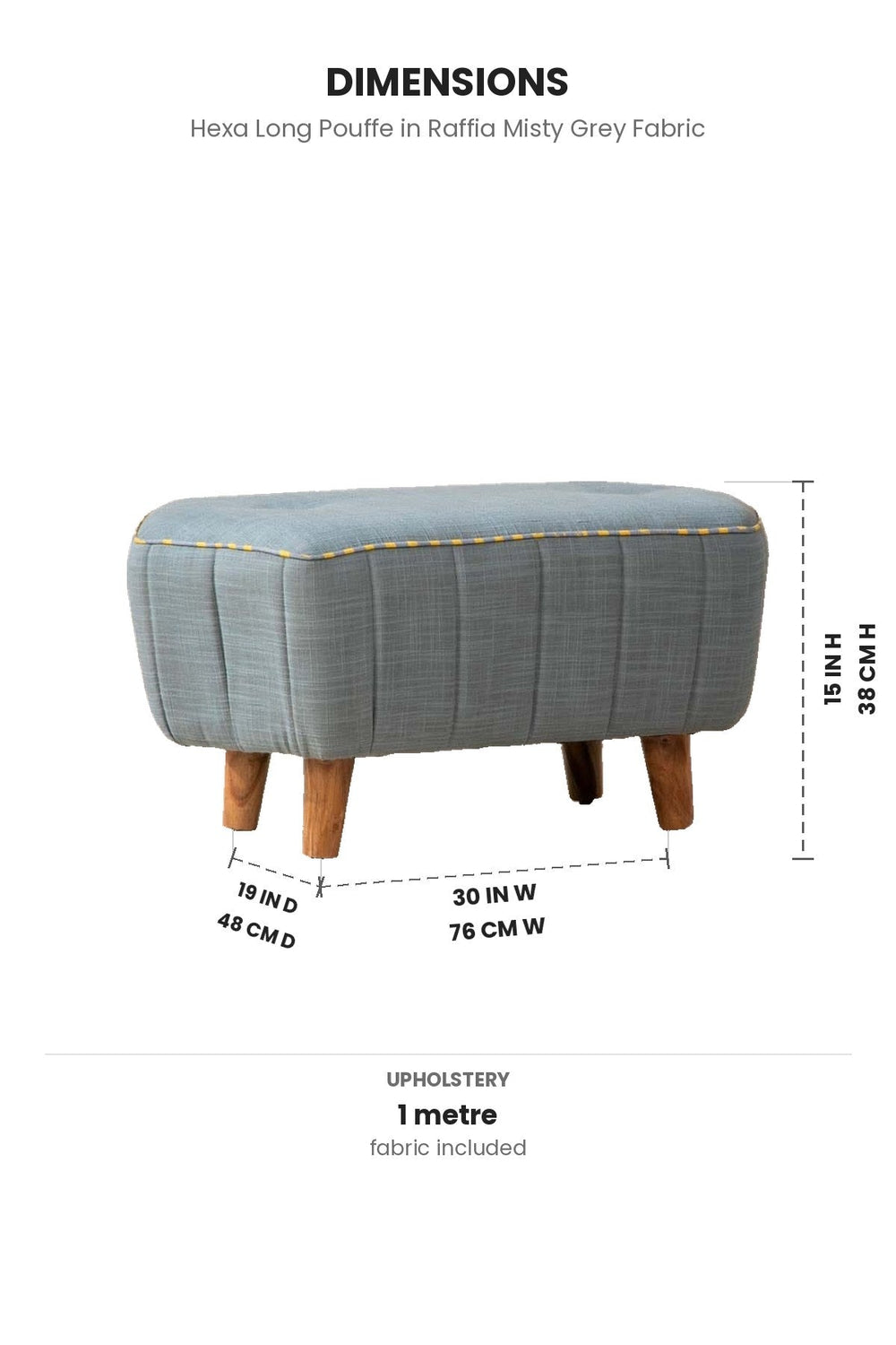 Upholstered Bundle Hexa Long Pouffe in Raffia Misty Grey Fabric