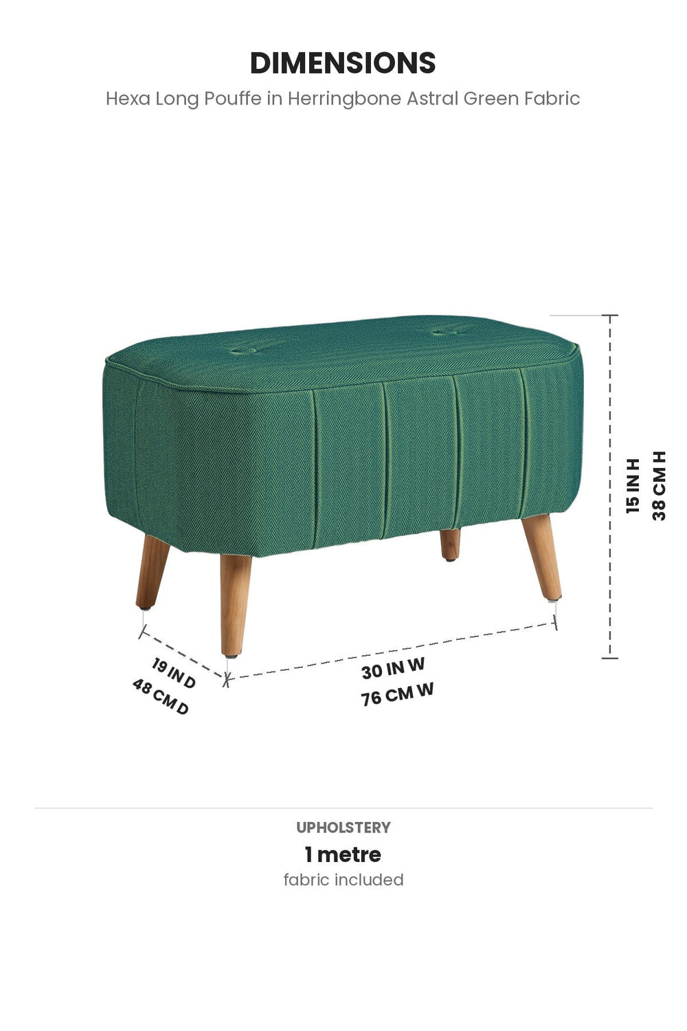 Upholstered Bundle Hexa Long Pouffe in Herringbone Astral Green Fabric