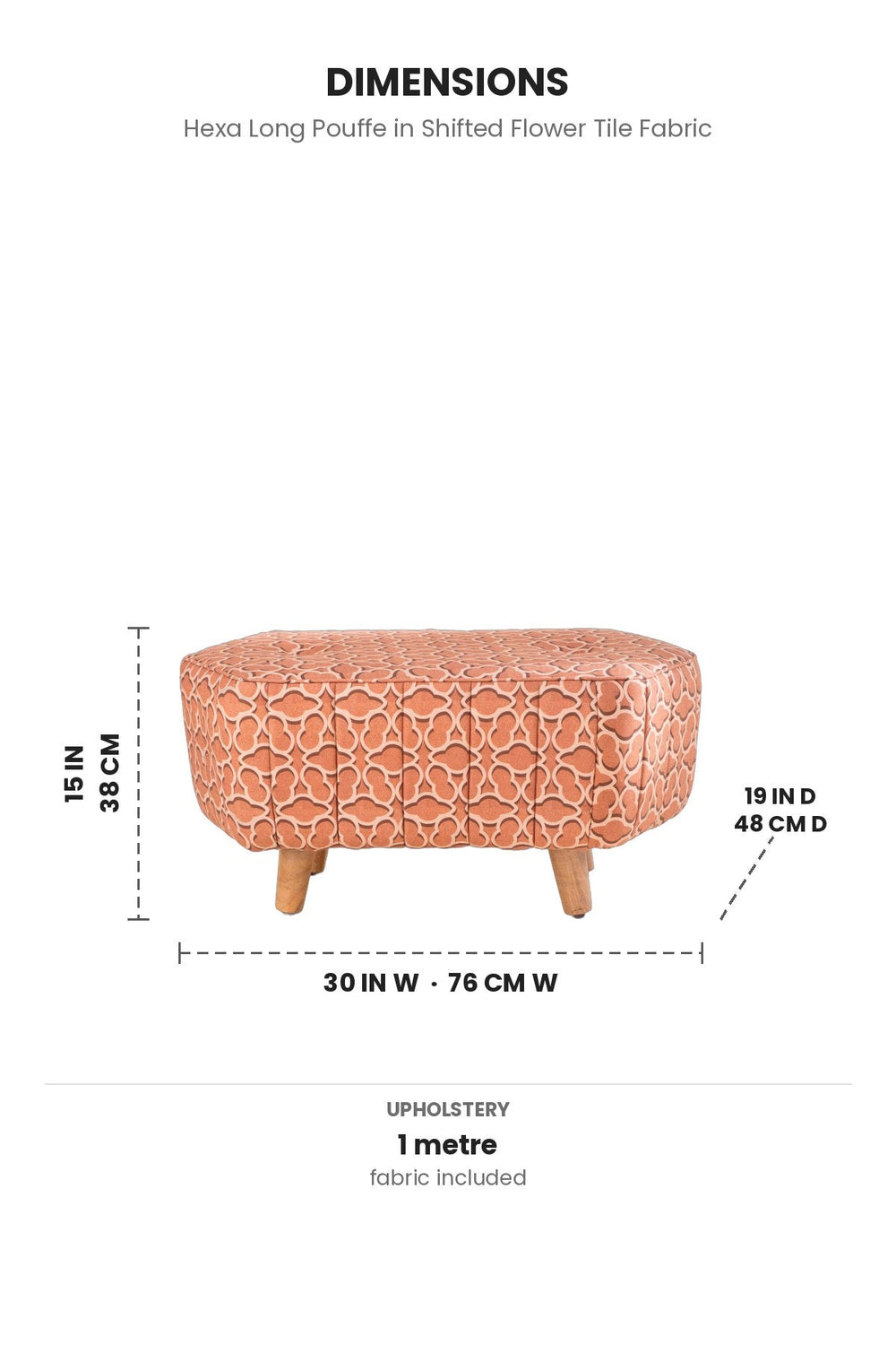 Upholstered Bundle Hexa Long Pouffe in Shifted Flower Tile Fabric