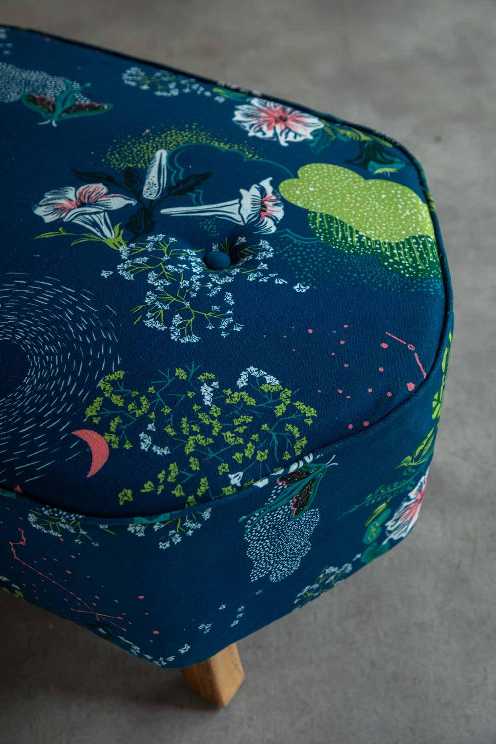 Upholstered Bundle Hexa Long Pouffe in Moonflower Moonlit Blue Fabric