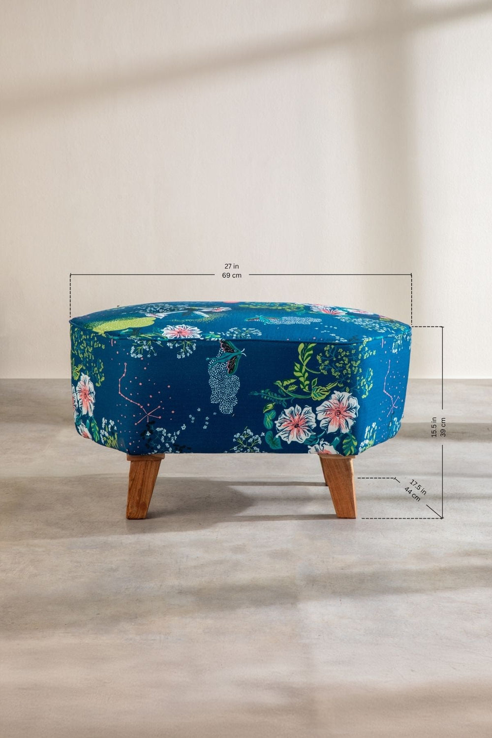 Upholstered Bundle Hexa Long Pouffe in Moonflower Moonlit Blue Fabric