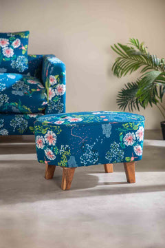 Upholstered Bundle Hexa Long Pouffe in Moonflower Moonlit Blue Fabric