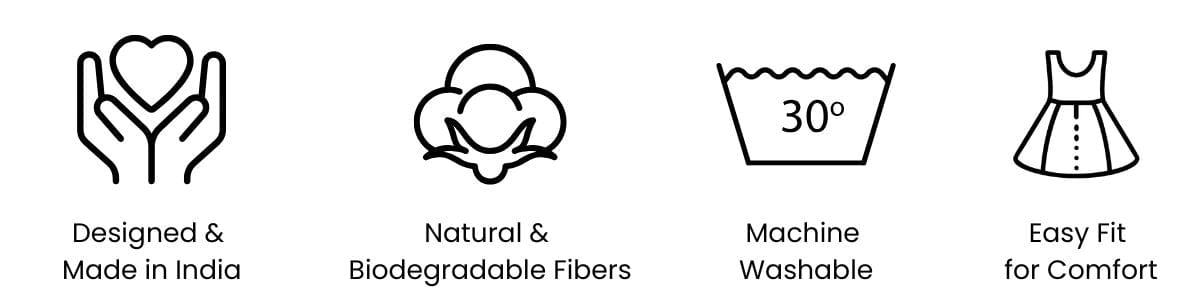 Designed and made in India. Natural and biodegradable fibres. Machine washable at 30 degrees. Easy fit for comfort.