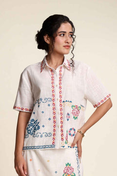 Jaipur Rose Boxy Crop Shirt (White Mist)