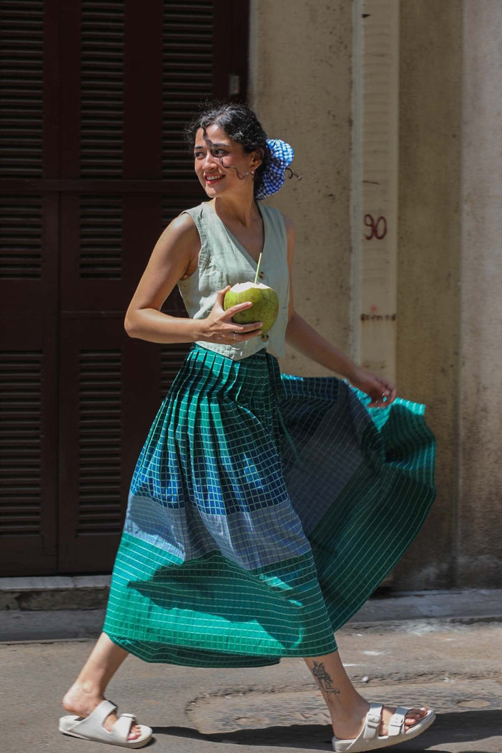 MADRAS STRIPES PLEATED WRAP SKIRT SPRING FOREST