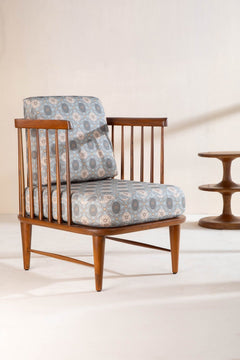 Upholstered Bundle Nara Accent Chair in Maya Circle Tile Smoke Blue Fabric