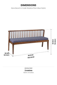 Upholstered Bundle Nara Bench in Code Shadow Plum Blue Fabric