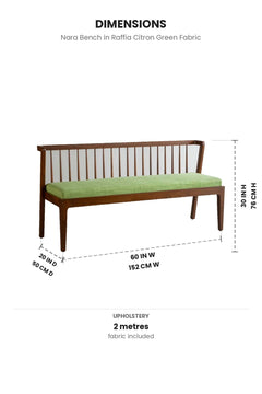 Upholstered Bundle Nara Bench in Raffia Citron Green Fabric