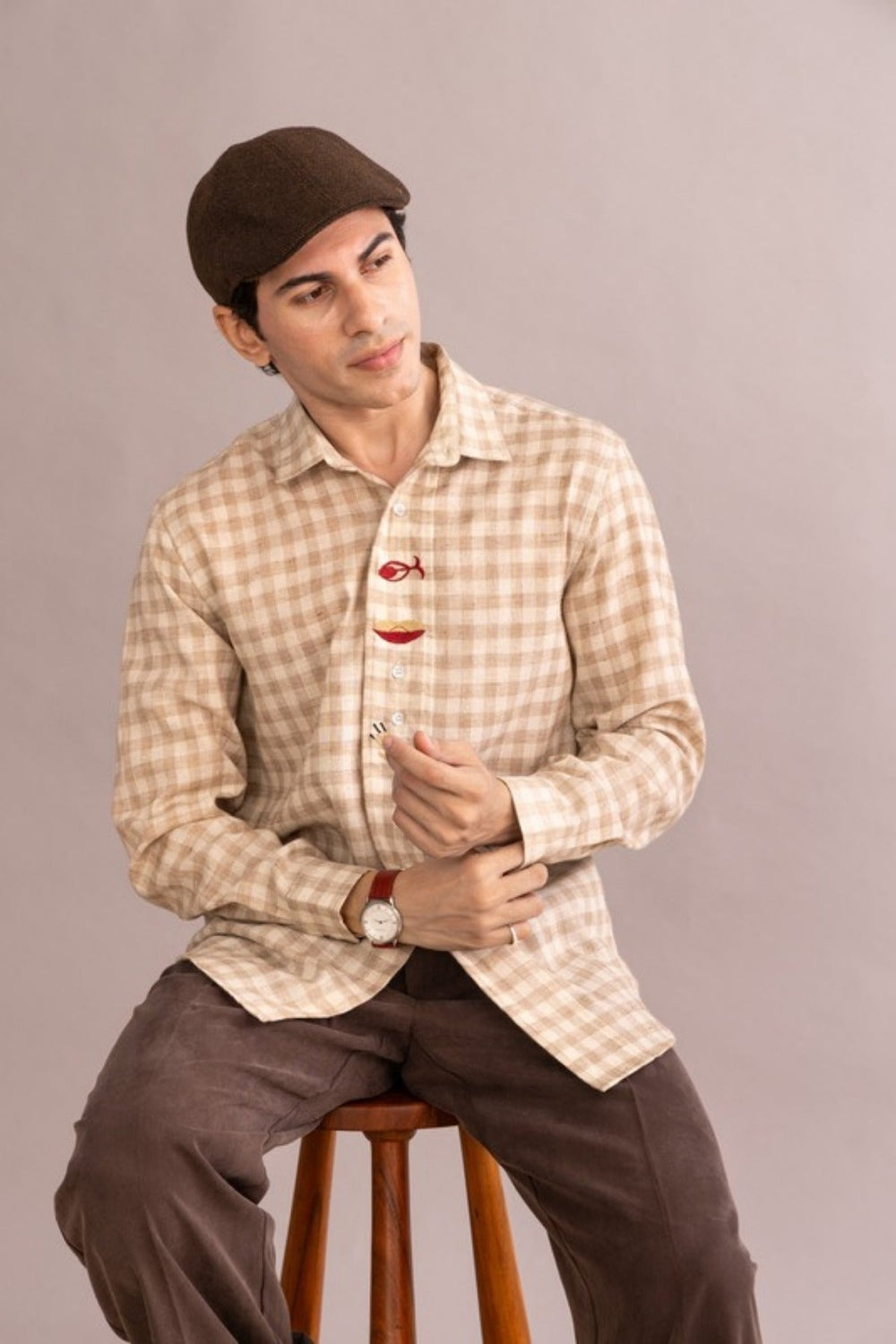 SHIRTS Checks Embroidered Full Sleeve Shirt (Oasis Tan)