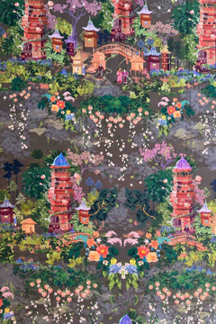 PRINT & PATTERN UPHOLSTERY FABRICS Pagoda In The Skies Printed Upholstery Fabric (Tobacco Brown)