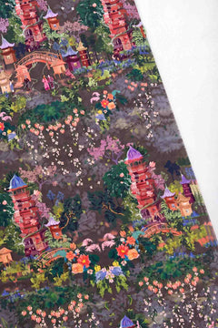 SWATCHES Pagoda In The Skies Tobacco Brown Printed Fabric Swatch