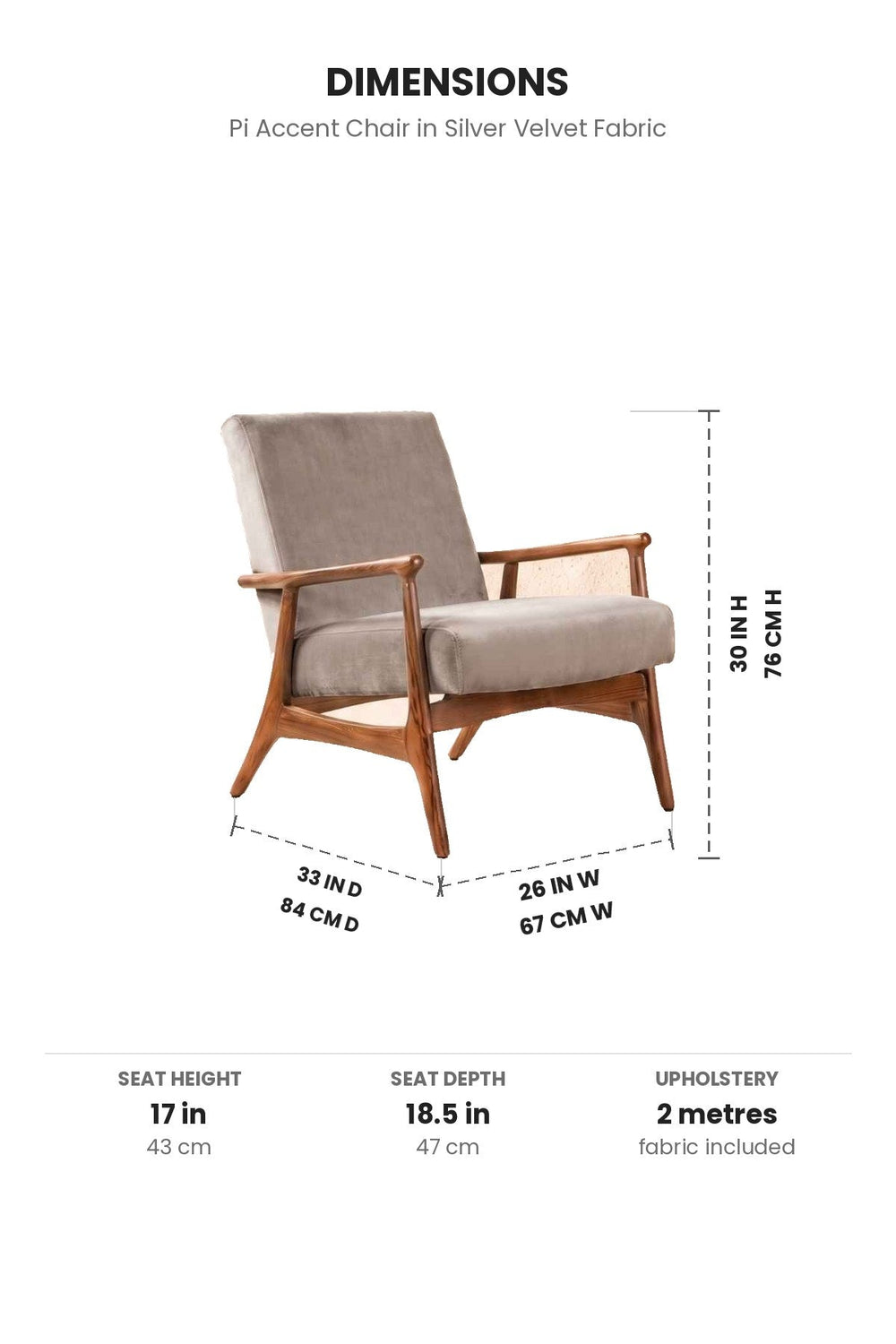 Upholstered Bundle Pi Accent Chair in Silver Velvet Fabric