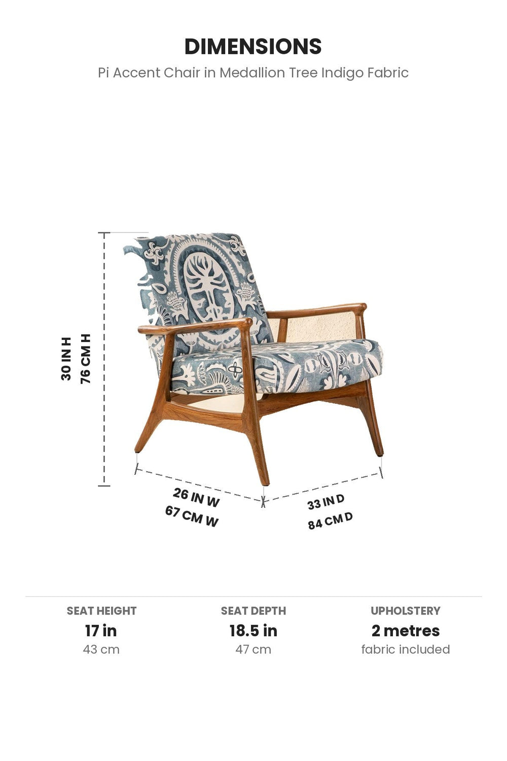 Upholstered Bundle Pi Accent Chair in Medallion Tree Indigo Fabric