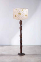 Pillar Floor Lamp with Temple Palms Drum Lampshade (Grey)