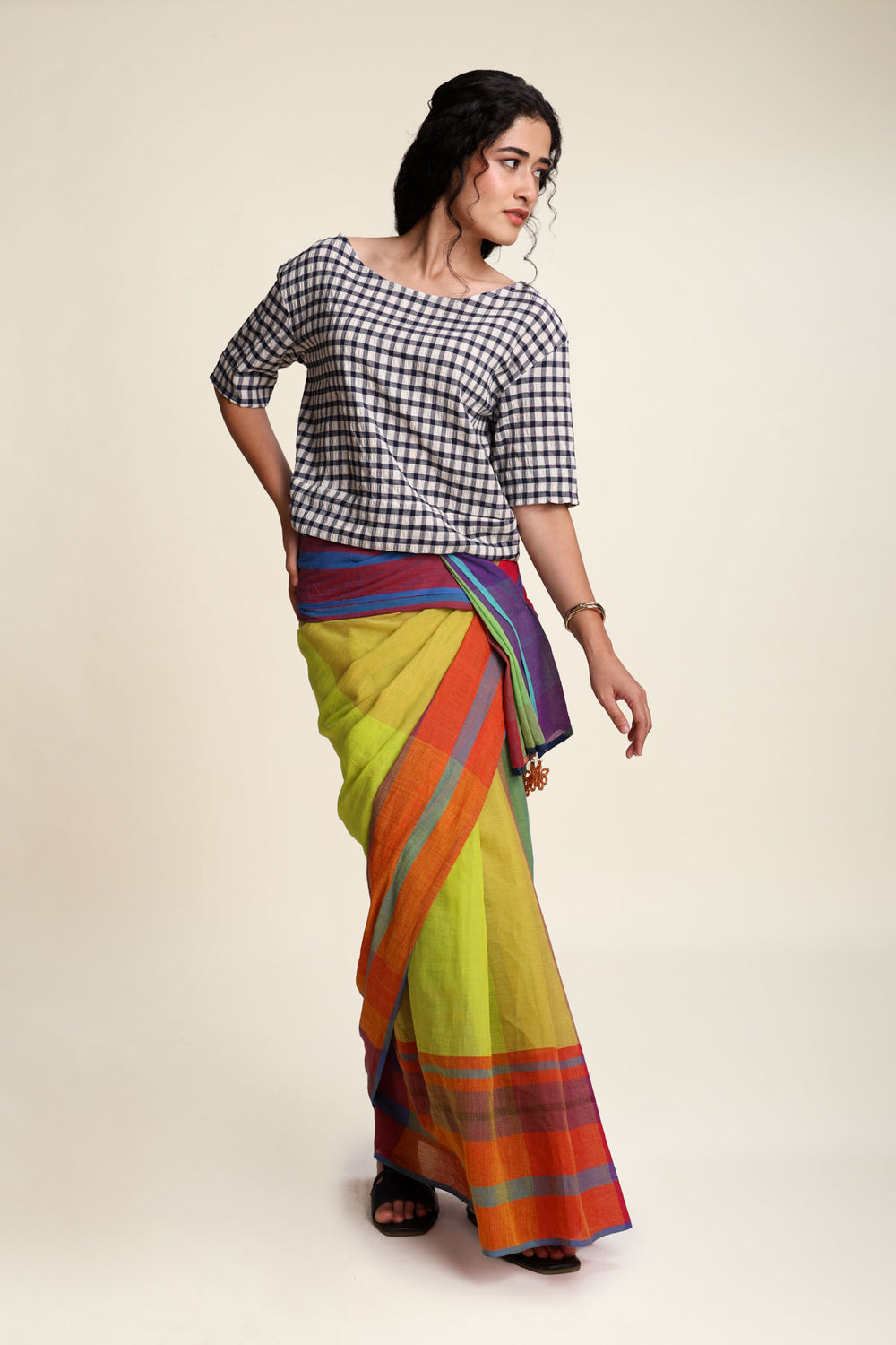 TOPS Plane Checks Bihu Blouse (Mystery Blue)