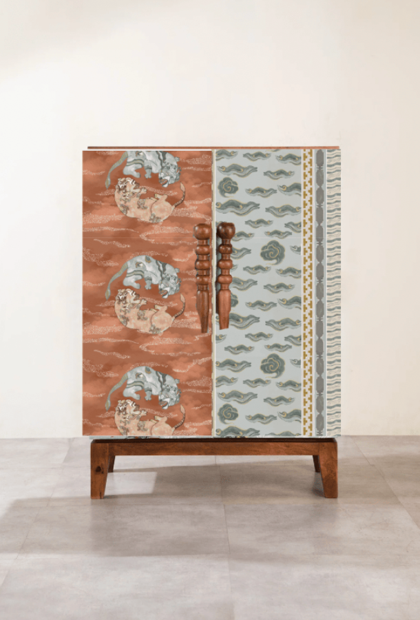 Upholstered Bundle Pod Upholstered Cabinet in Dance of the Yalis Fabric