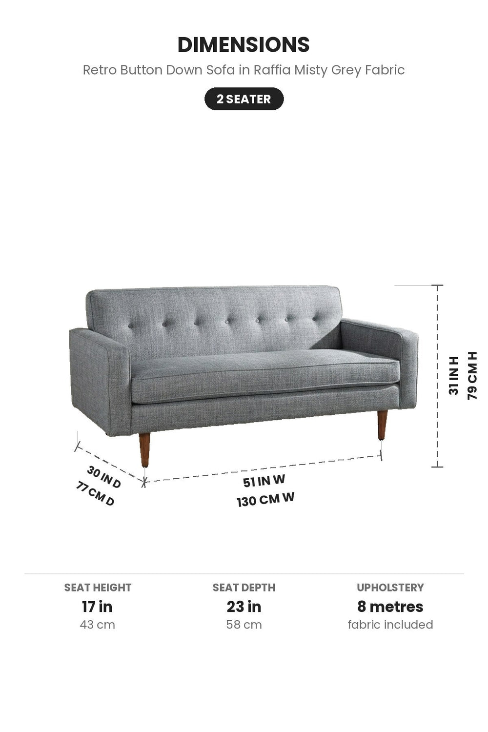Upholstered Bundle Retro Button Down Sofa in Raffia Misty Grey Fabric