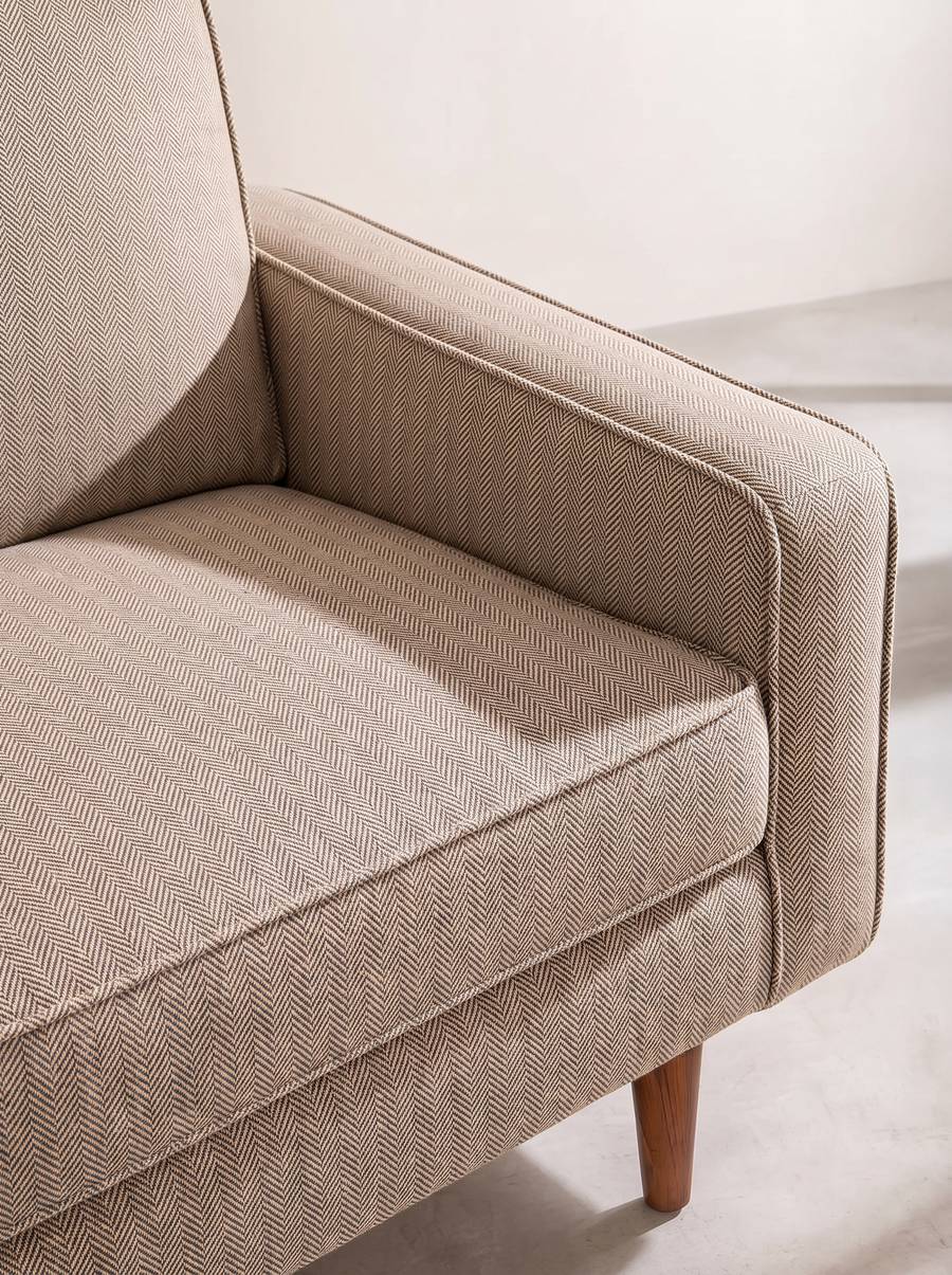 Upholstered Bundle Retro Button Down Sofa in Herringbone Saturn Sand Fabric