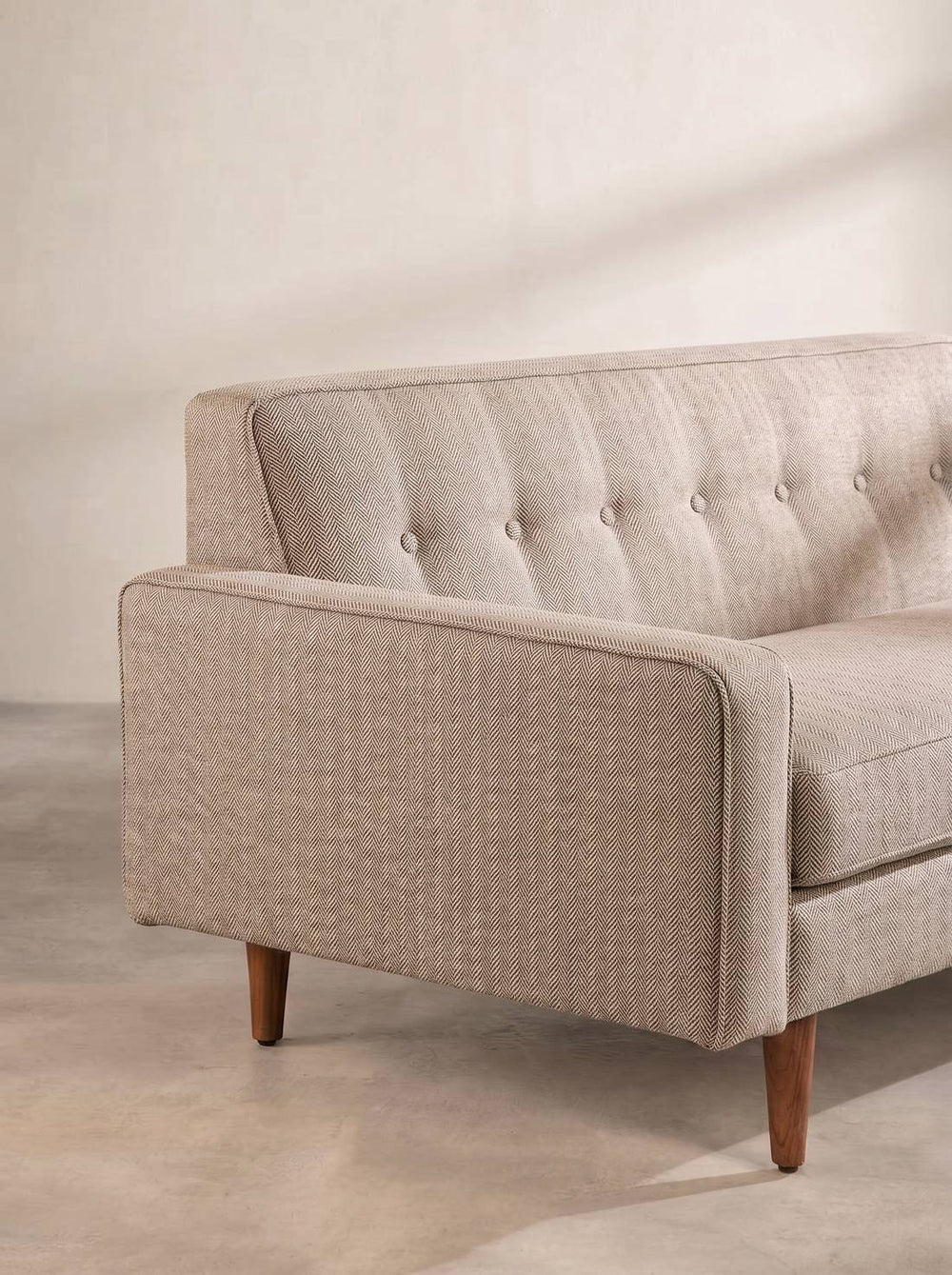 Upholstered Bundle Retro Button Down Sofa in Herringbone Saturn Sand Fabric