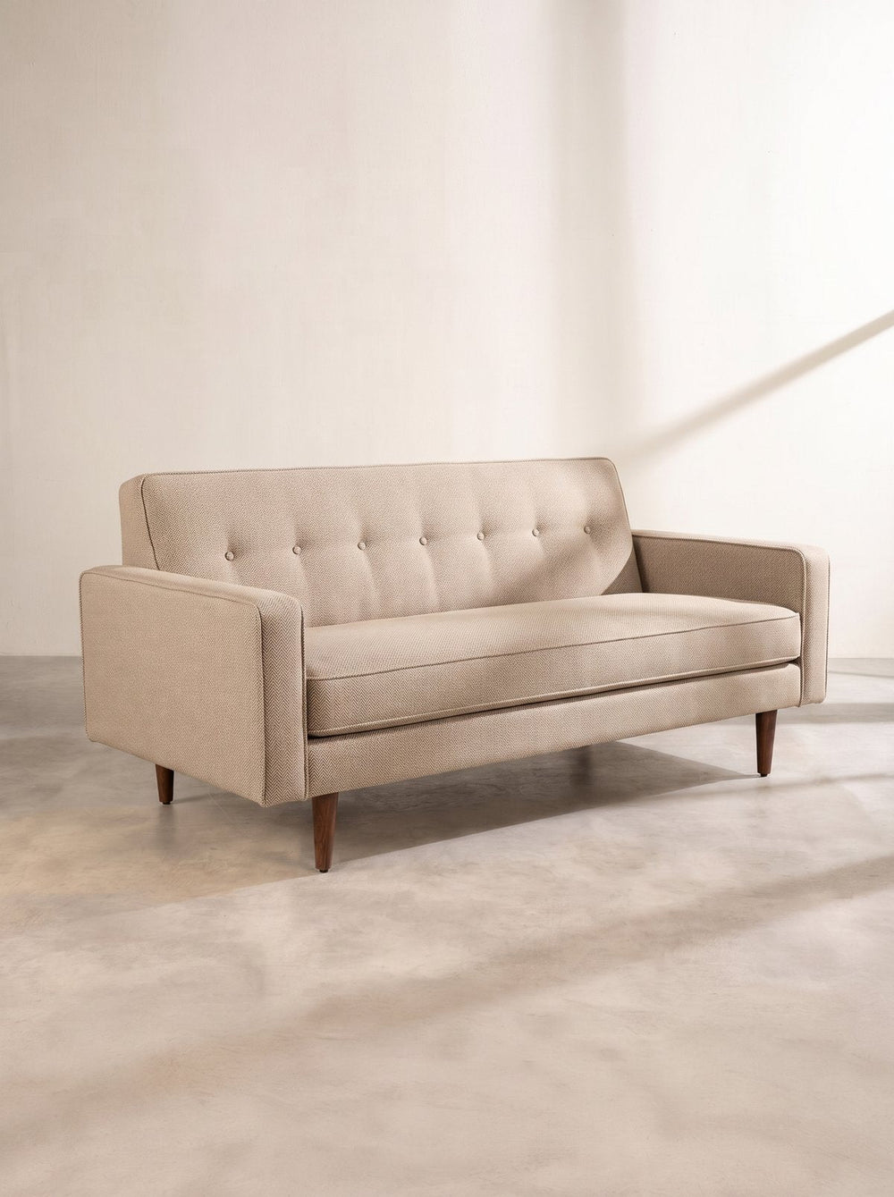 Upholstered Bundle Retro Button Down Sofa in Herringbone Saturn Sand Fabric