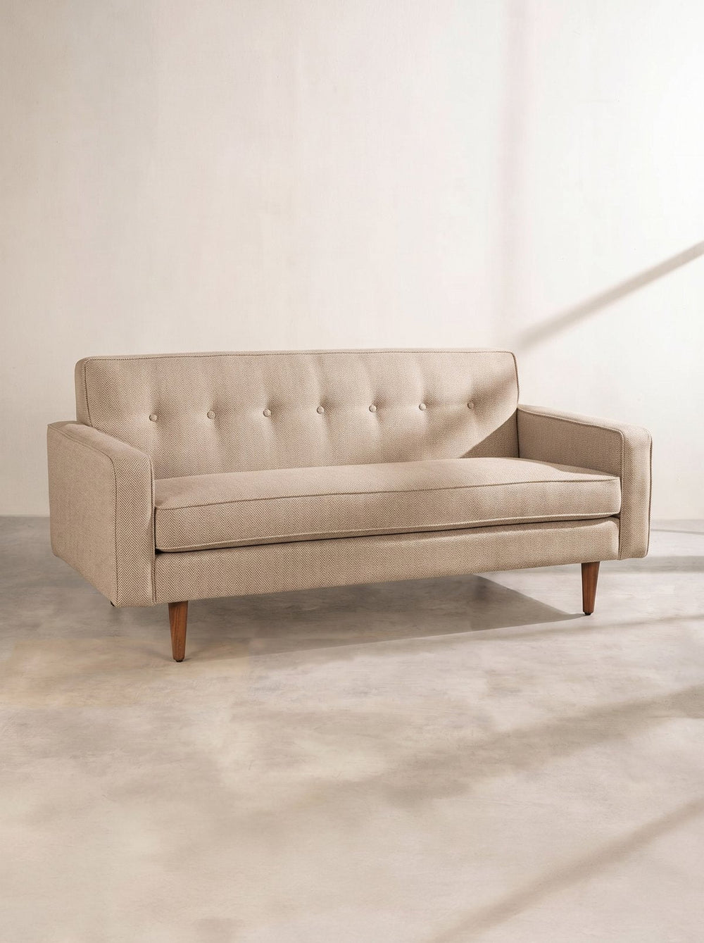 Upholstered Bundle Retro Button Down Sofa in Herringbone Saturn Sand Fabric