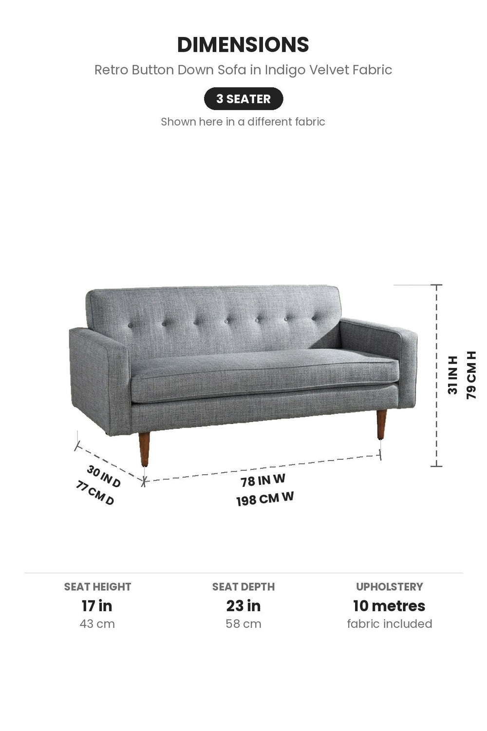Upholstered Bundle Retro Button Down Sofa in Indigo Velvet Fabric