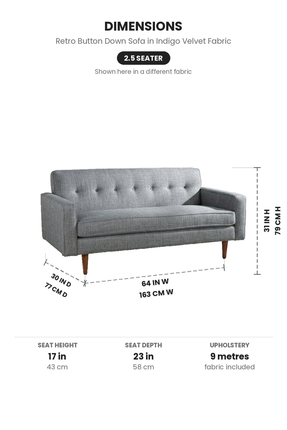 Upholstered Bundle Retro Button Down Sofa in Indigo Velvet Fabric