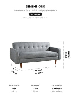 Upholstered Bundle Retro Button Down Sofa in Indigo Velvet Fabric