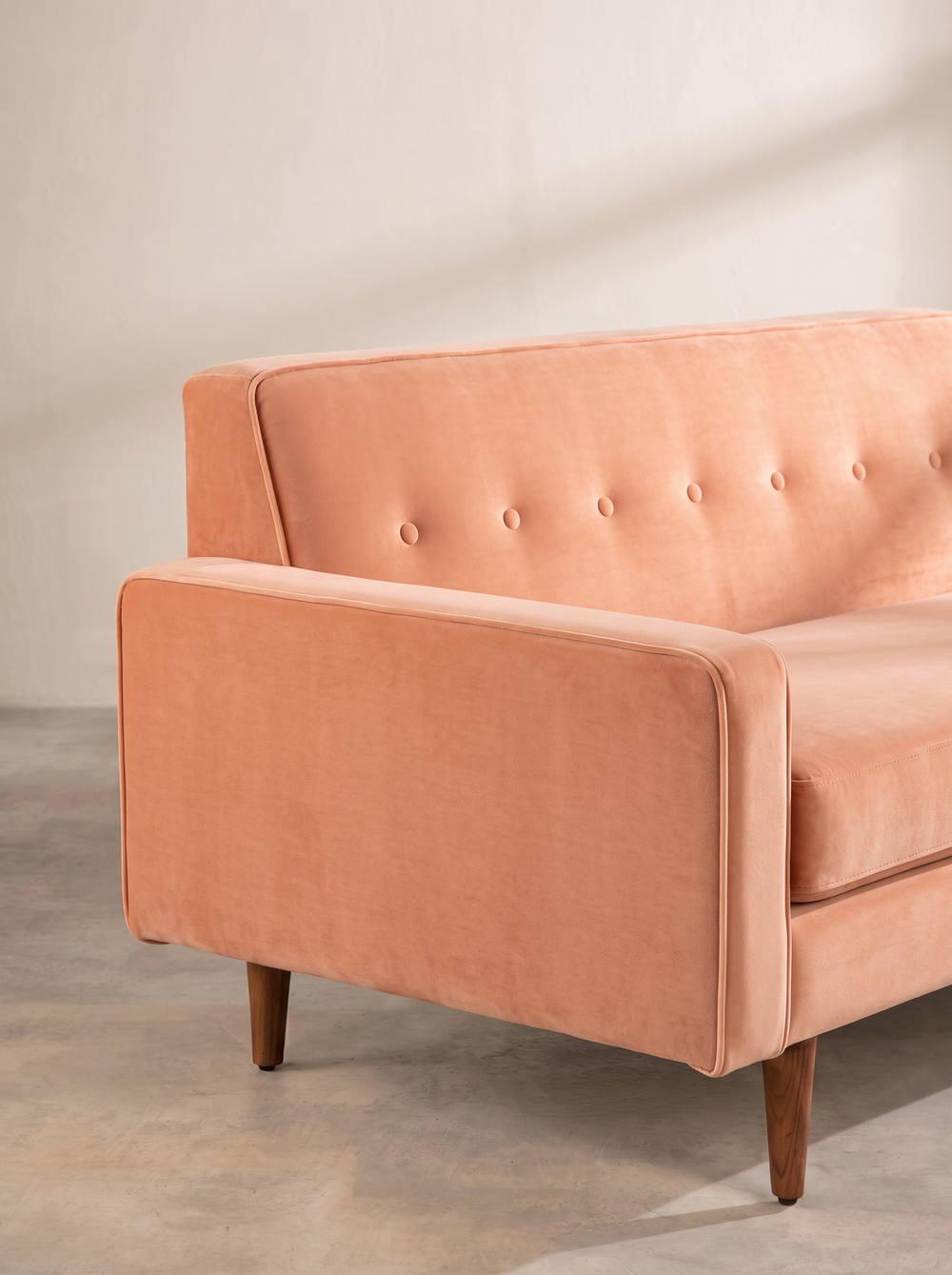 Upholstered Bundle Retro Button Down Sofa in Peach Velvet Fabric