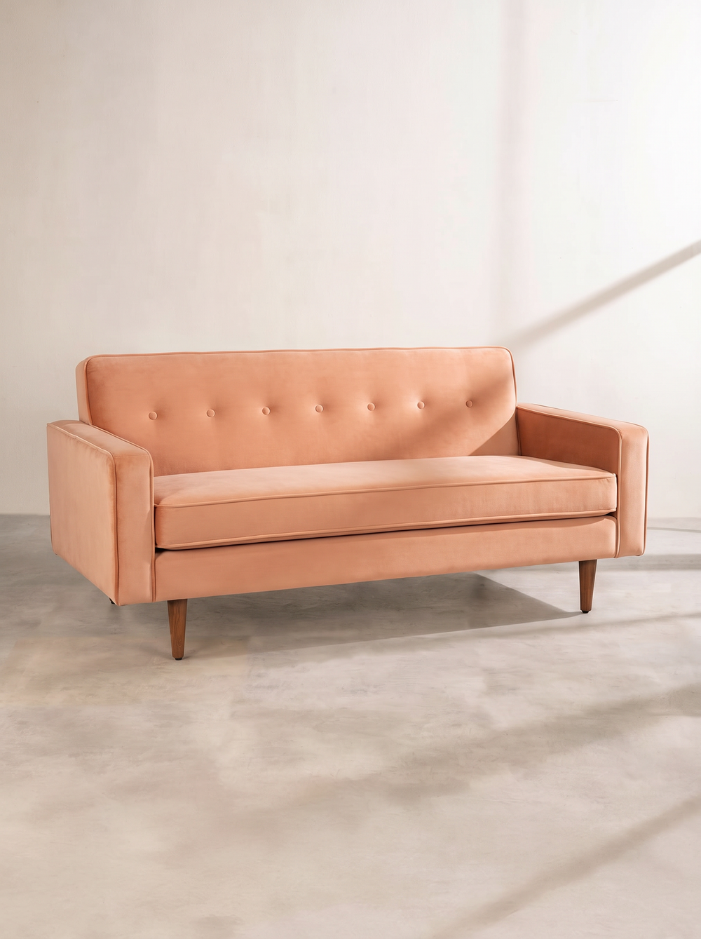 Upholstered Bundle Retro Button Down Sofa in Peach Velvet Fabric