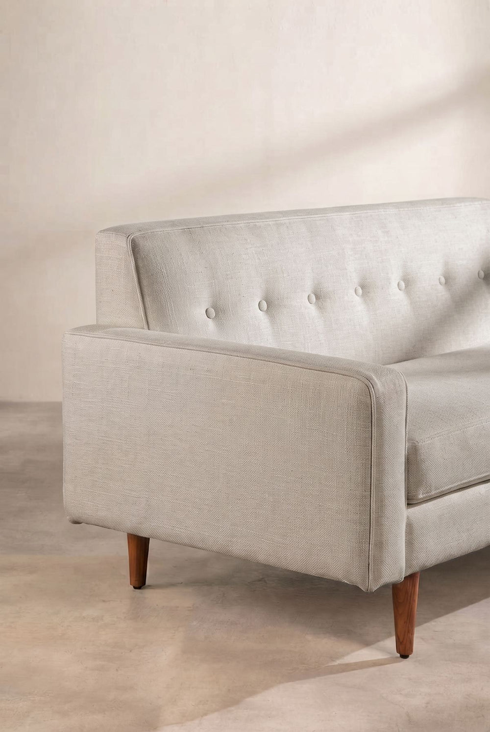 Upholstered Bundle Retro Button Down Sofa in Raffia Ecru Fabric