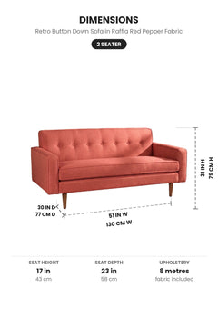 Upholstered Bundle Retro Button Down Sofa in Raffia Red Pepper Fabric