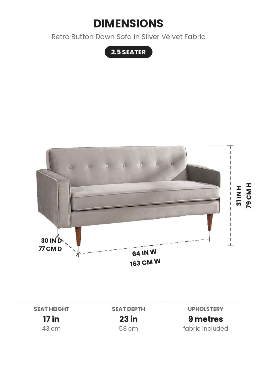 Upholstered Bundle Retro Button Down Sofa in Silver Velvet Fabric