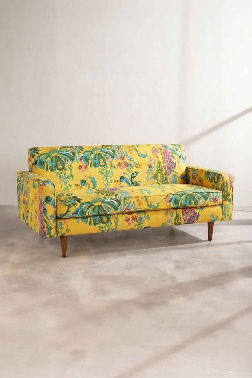 Upholstered Bundle Retro Button Down Sofa in Kachnar Yellow Fields Fabric