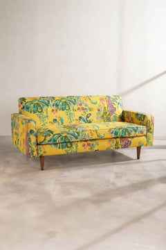 Upholstered Bundle Retro Button Down Sofa in Kachnar Yellow Fields Fabric