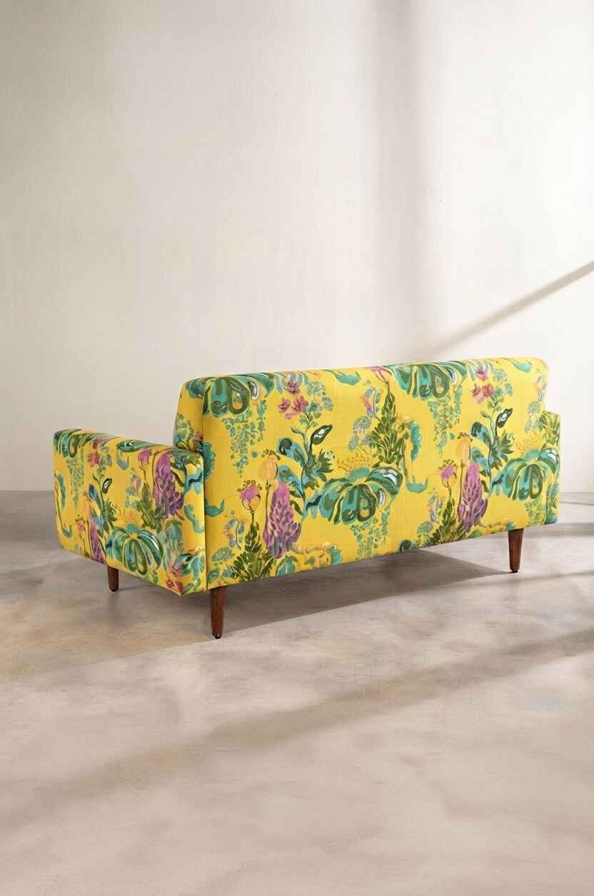 Upholstered Bundle Retro Button Down Sofa in Kachnar Yellow Fields Fabric