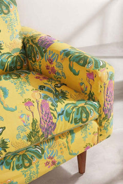 Upholstered Bundle Retro Button Down Sofa in Kachnar Yellow Fields Fabric