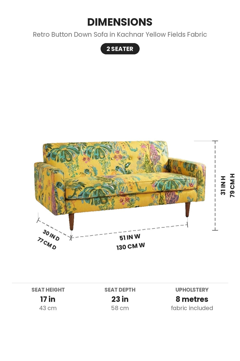Upholstered Bundle Retro Button Down Sofa in Kachnar Yellow Fields Fabric