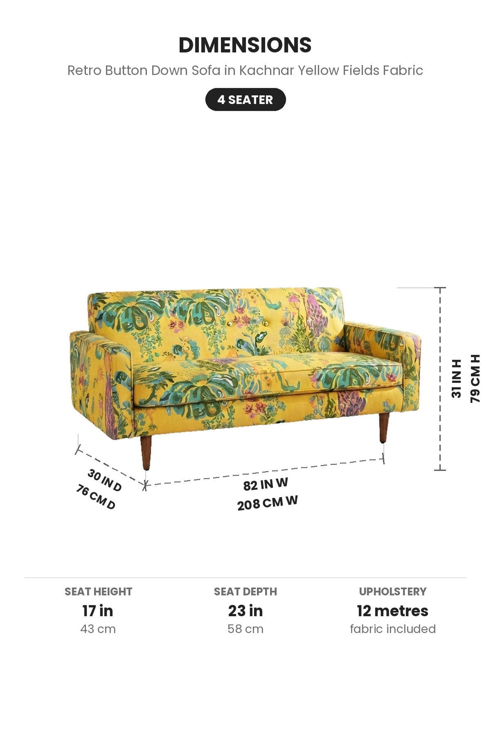 Upholstered Bundle Retro Button Down Sofa in Kachnar Yellow Fields Fabric