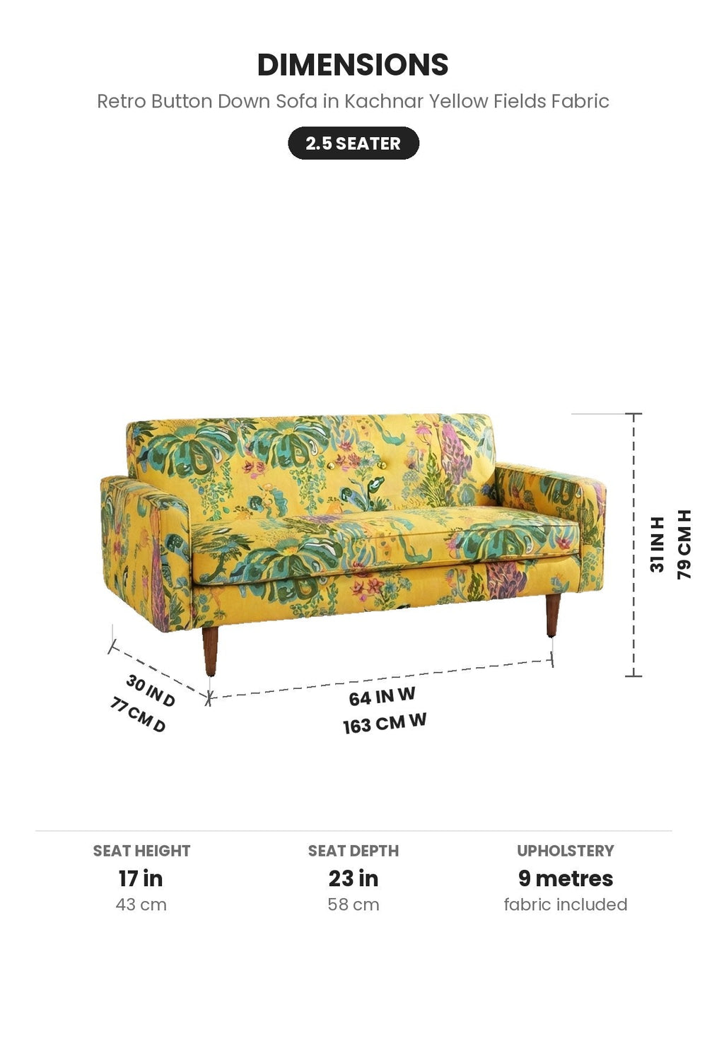 Upholstered Bundle Retro Button Down Sofa in Kachnar Yellow Fields Fabric