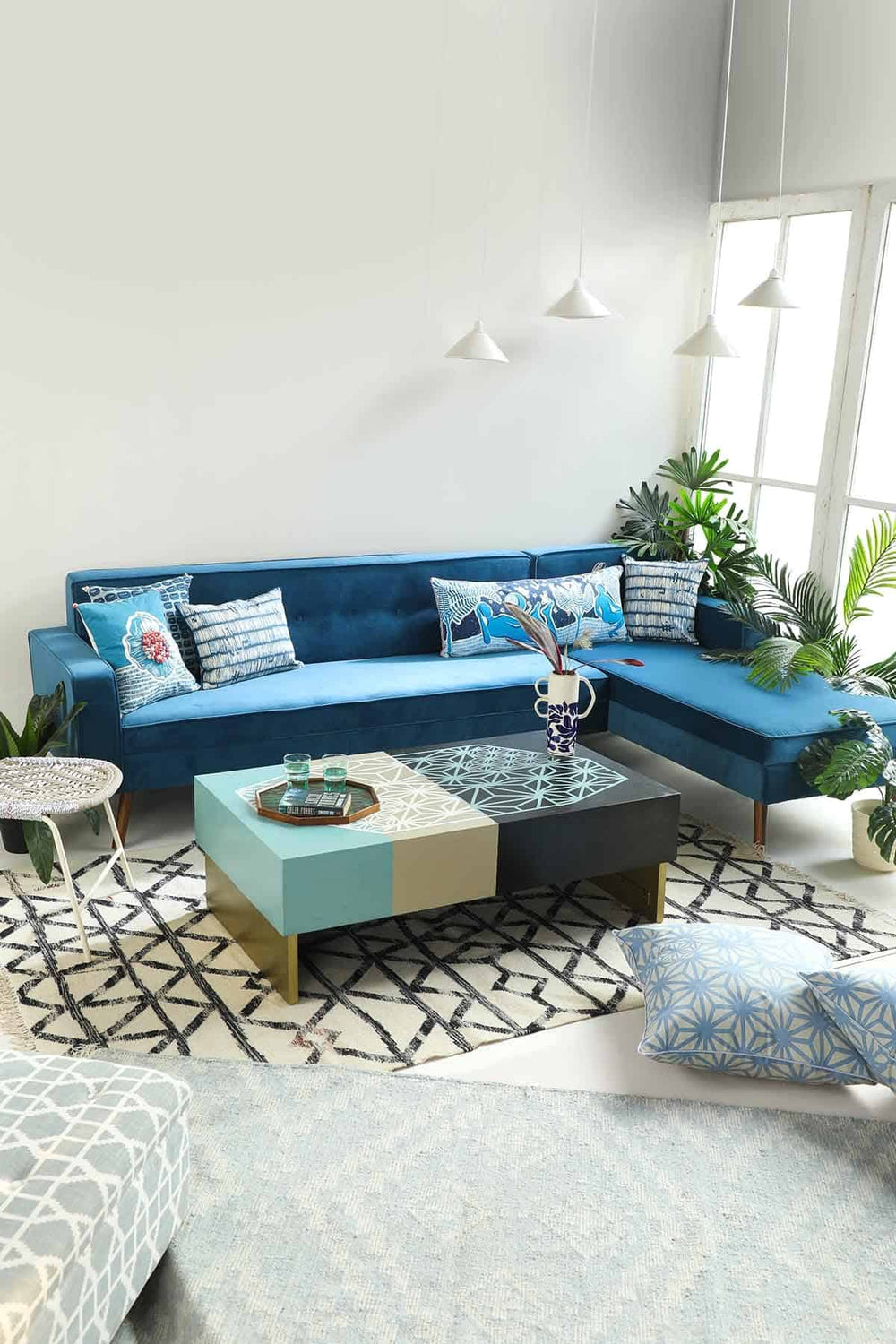 Upholstered Bundle Retro Chaise Sofa in Indigo Velvet Fabric