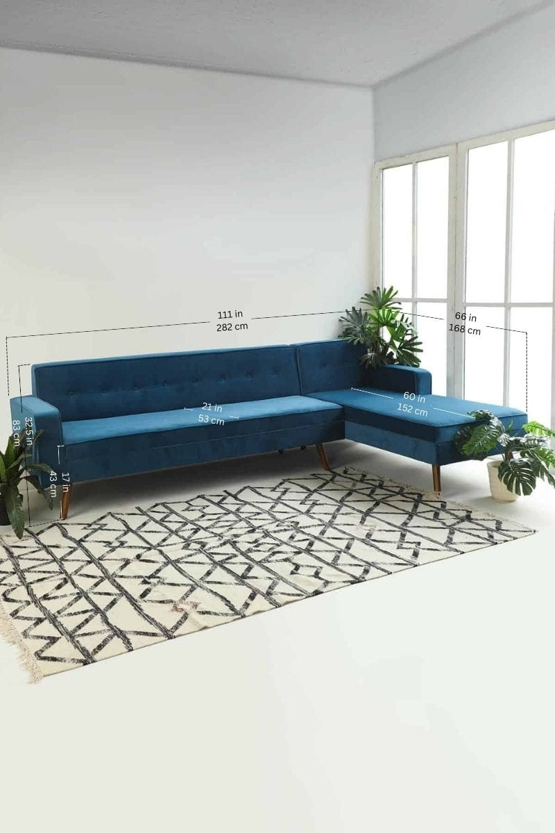 Upholstered Bundle Retro Chaise Sofa in Indigo Velvet Fabric