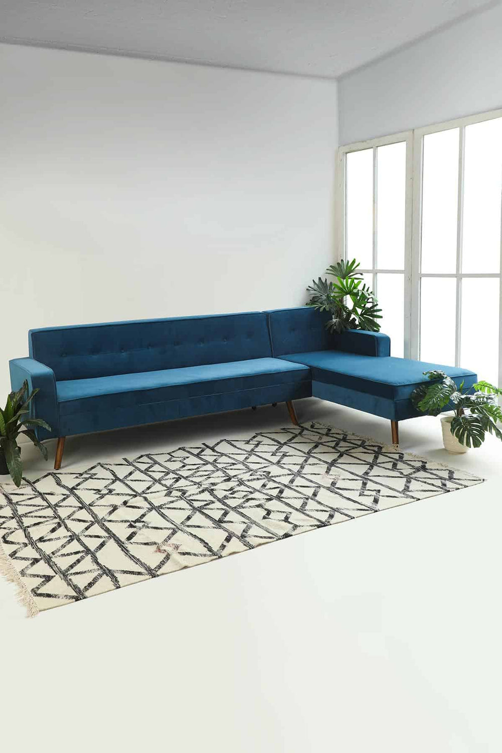 Upholstered Bundle Retro Chaise Sofa in Indigo Velvet Fabric