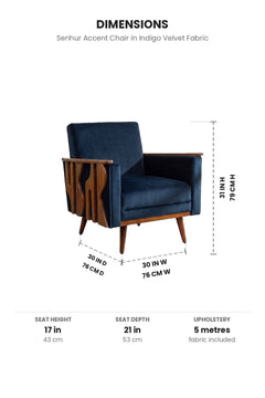Upholstered Bundle Senhur Accent Chair in Indigo Velvet Fabric