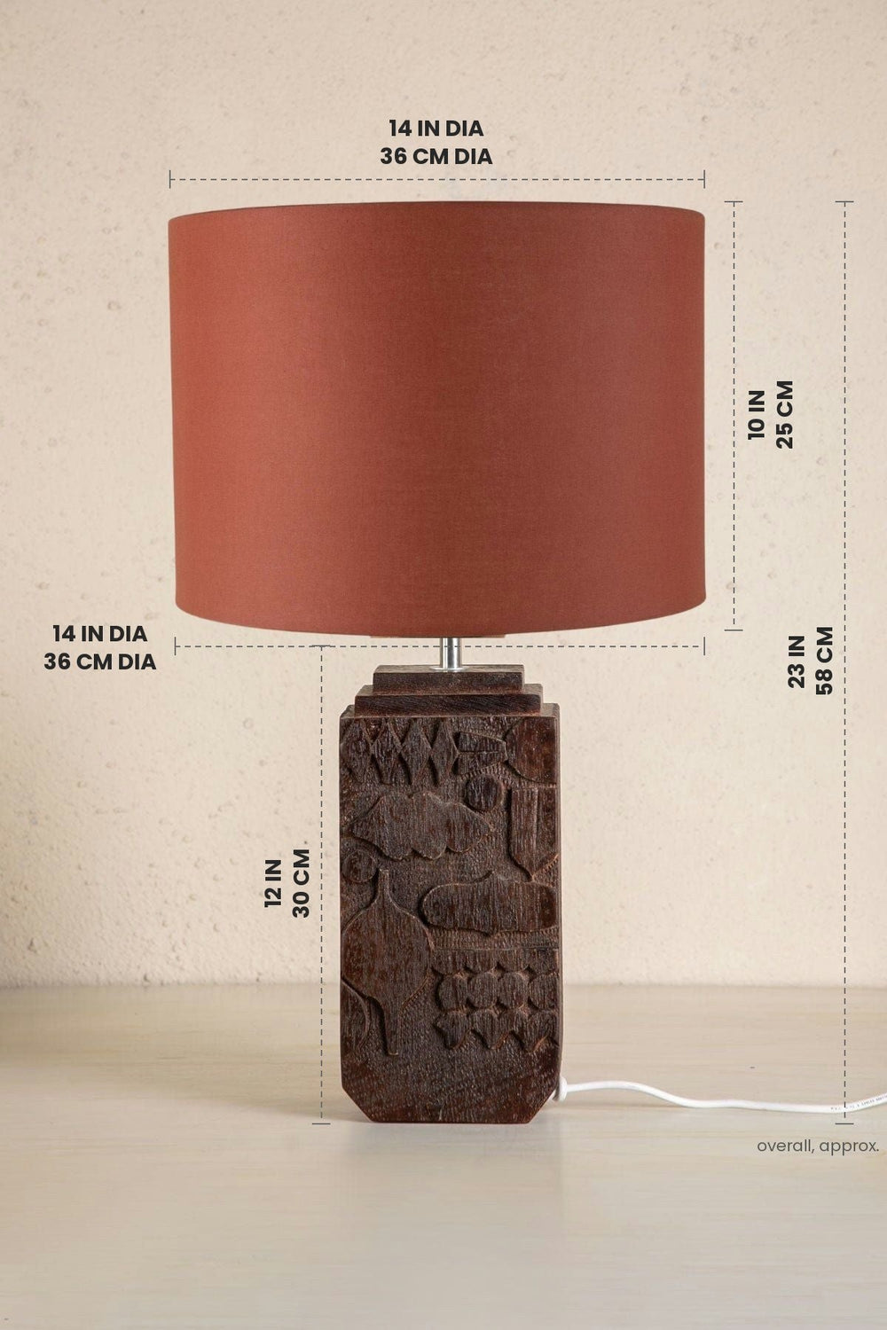 Lighting Bundle Senhur Charcoal Wood Table Lamp with Solid Drum Lampshade (Rust Red)