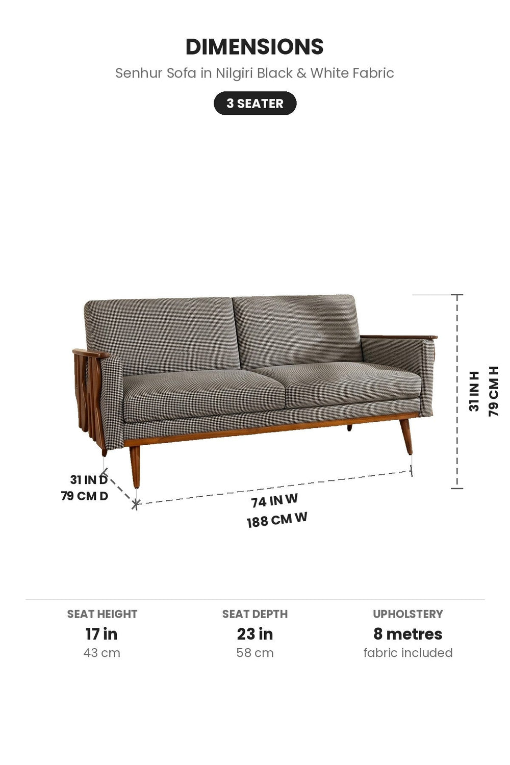 Upholstered Bundle Senhur Sofa in Nilgiri Black & White Fabric