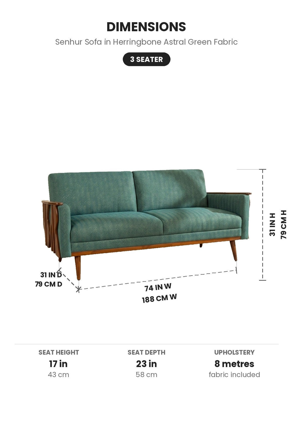 Upholstered Bundle Senhur Sofa in Herringbone Astral Green Fabric