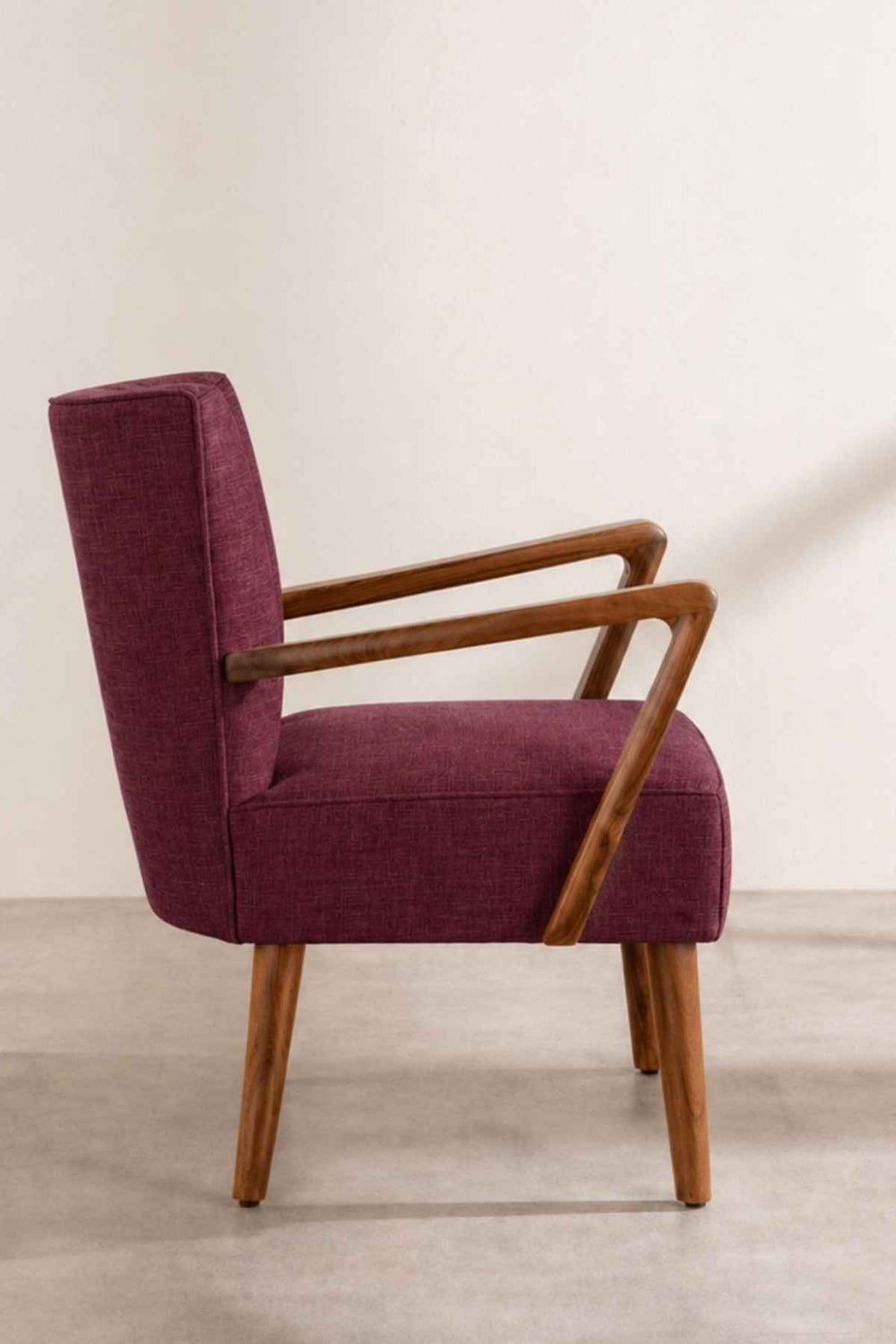 Upholstered Bundle Swan Accent Chair in Raffia Plum Red Fabric